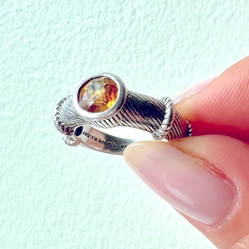 Judith Ripka Vintage Sterling Silver Rope Cable Ring with Citrine Solitaire.